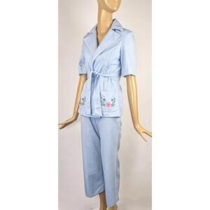 70s light denim chambray pant set Vintage embroidered flower pant &‎ jacket suit